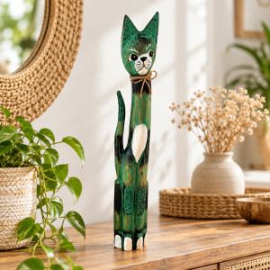 Kot 60cm drewniany figurka kotek dekoracja boho etno...