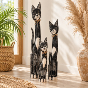 Kot Kotek Drewniany Figurka Drewniana Koty Zestaw 3szt...